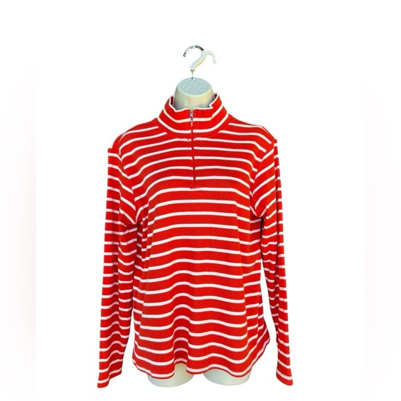 LL Bean Women’s Red Striped Quarter Zip Cotton Pullover Sweater Large - Picture 4 of 9